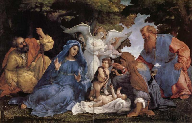 Lorenzo Lotto L'Adoration de l'Enfant Jesus avec la Vierge Marie et joseph,Elisabeth et Joachim et trois anges oil painting picture